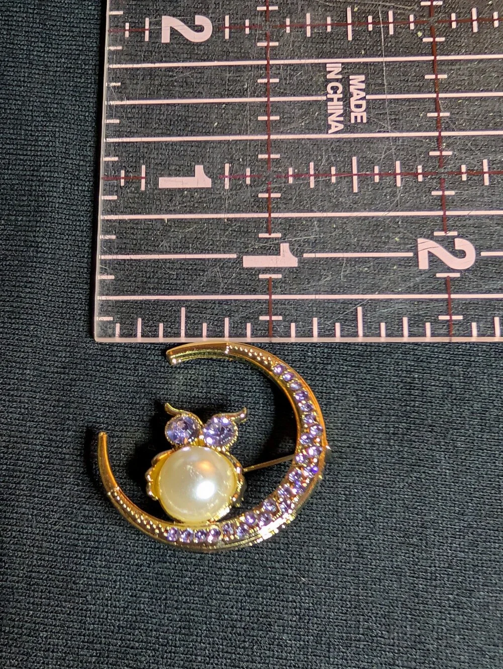 Gold-Tone Owl Brooch with Purple Crystals and Pearl Accent